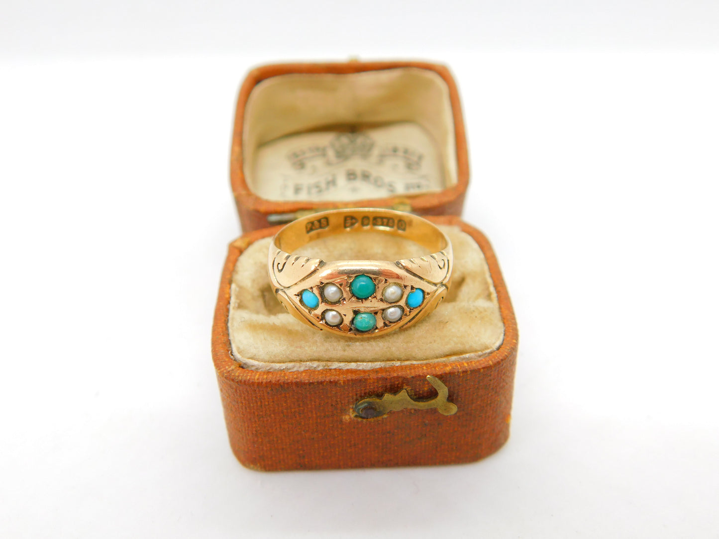 9ct Yellow Gold, Turquoise & Seed Pearl Band Ring 1877 Chester Antique