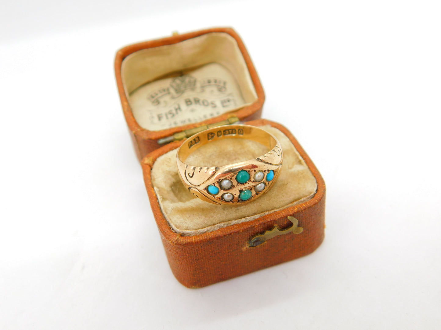 9ct Yellow Gold, Turquoise & Seed Pearl Band Ring 1877 Chester Antique