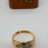 9ct Yellow Gold, Turquoise & Seed Pearl Band Ring 1877 Chester Antique