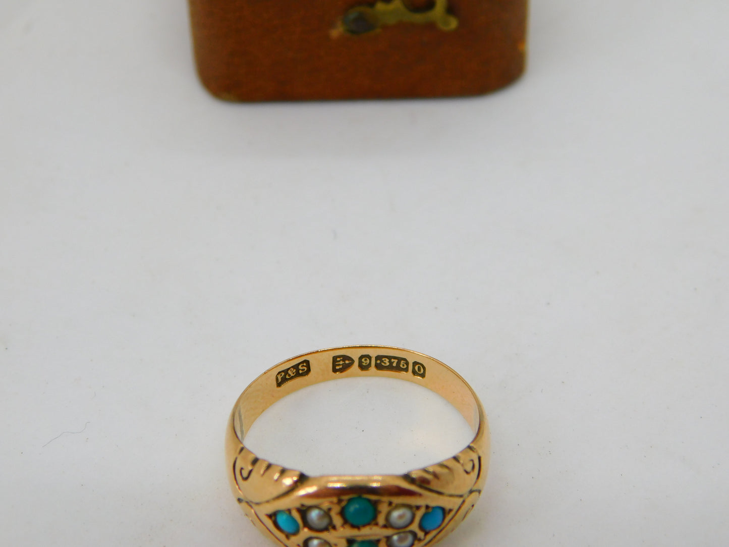 9ct Yellow Gold, Turquoise & Seed Pearl Band Ring 1877 Chester Antique