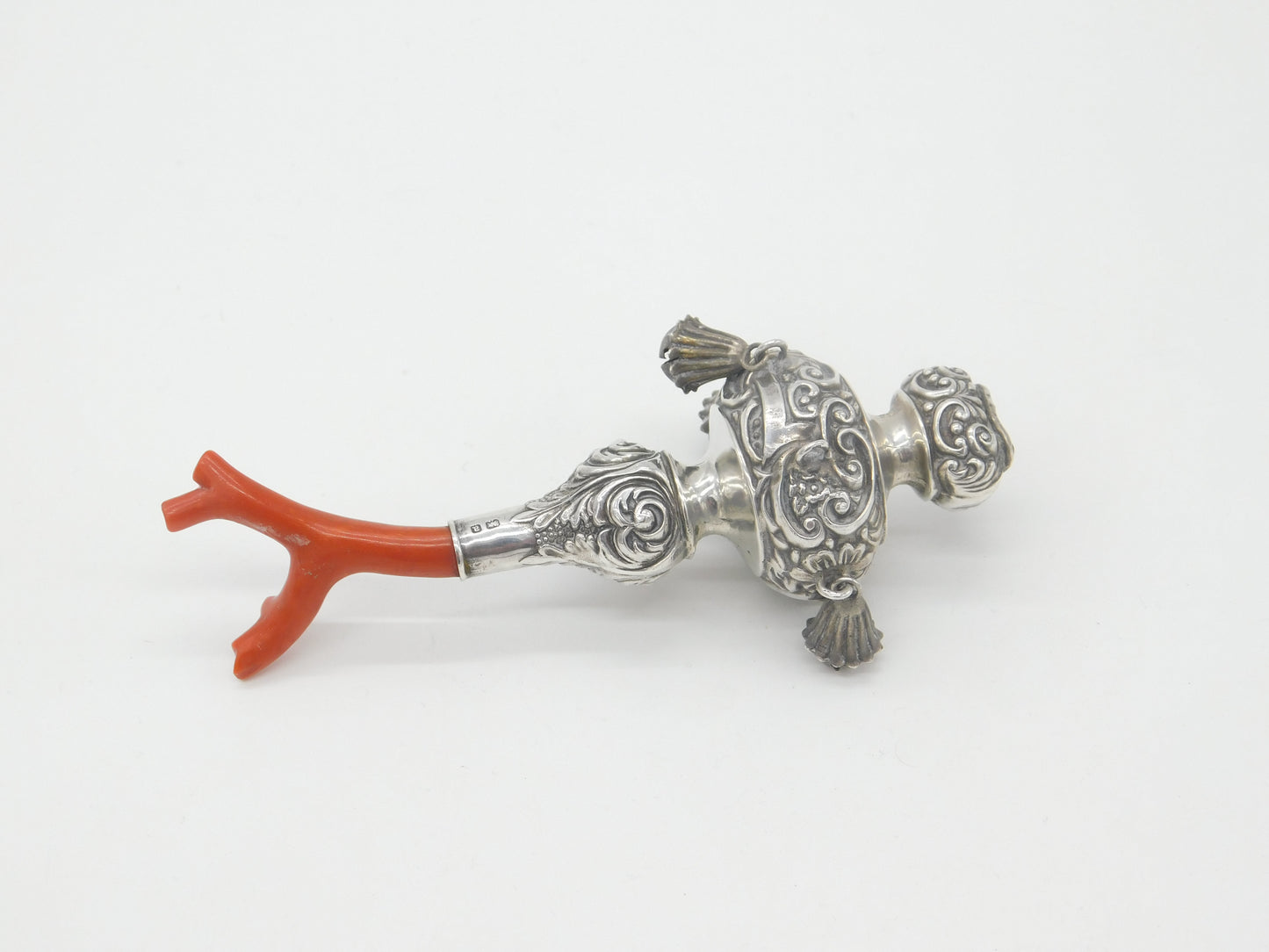 Victorian Sterling Silver & Natural Coral Baby Rattle & Teether Antique 1900