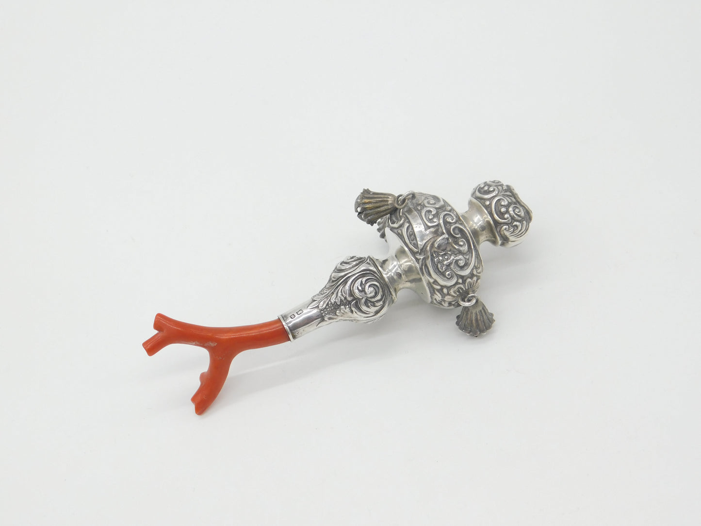 Victorian Sterling Silver & Natural Coral Baby Rattle & Teether Antique 1900