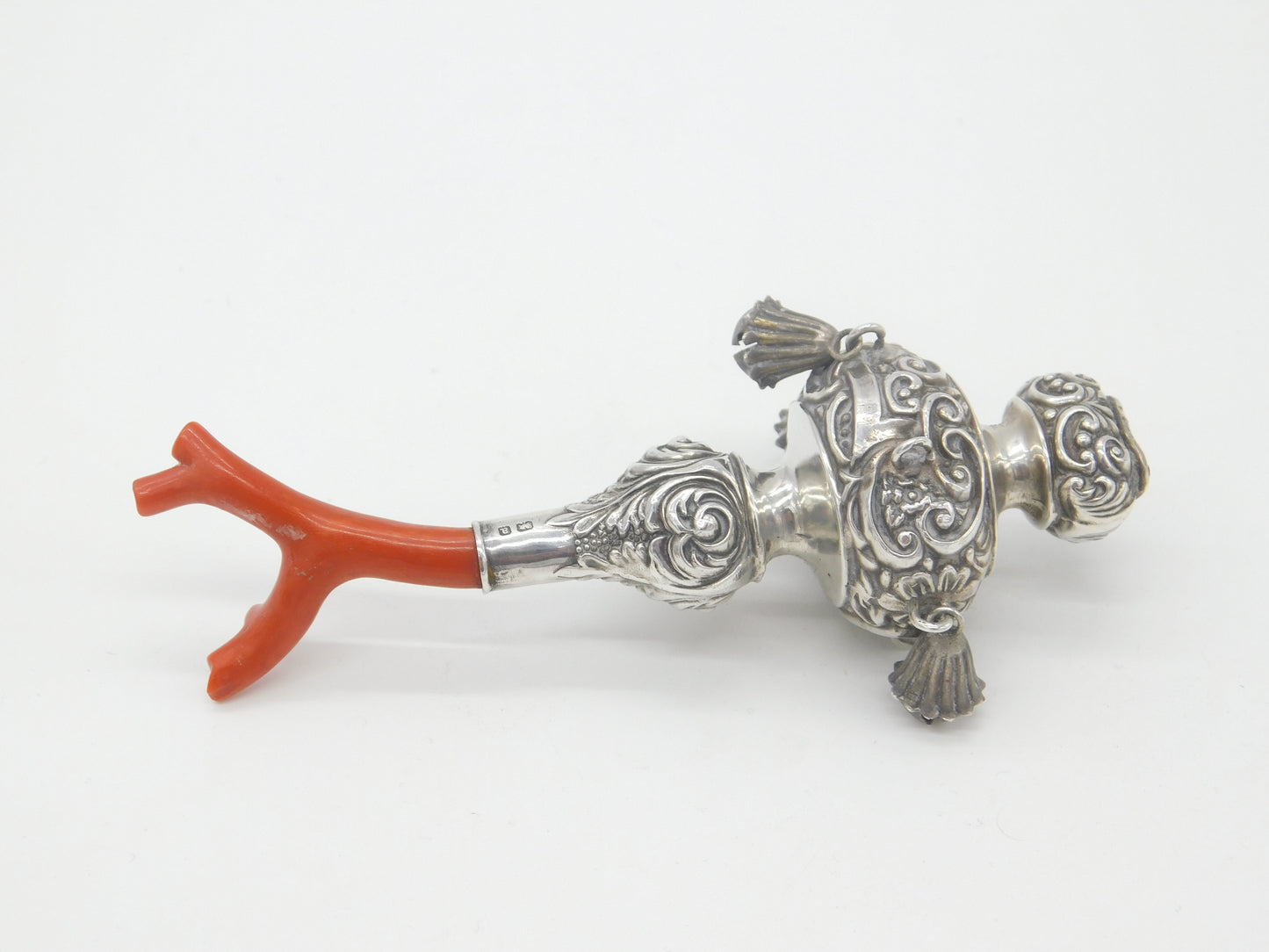 Victorian Sterling Silver & Natural Coral Baby Rattle & Teether Antique 1900