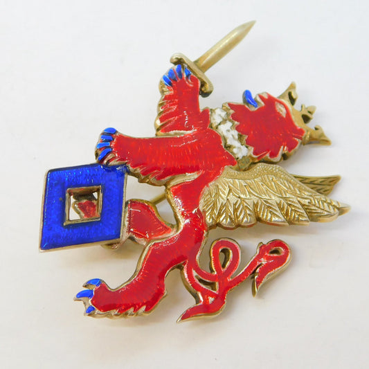 Sterling Silver Gilt, Blue-Red Enamel Winged Lion with Sword Brooch Vintage 1999