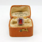 9ct Gold, Emerald Cut Garnet & Diamond Cocktail Ring Vintage c1970