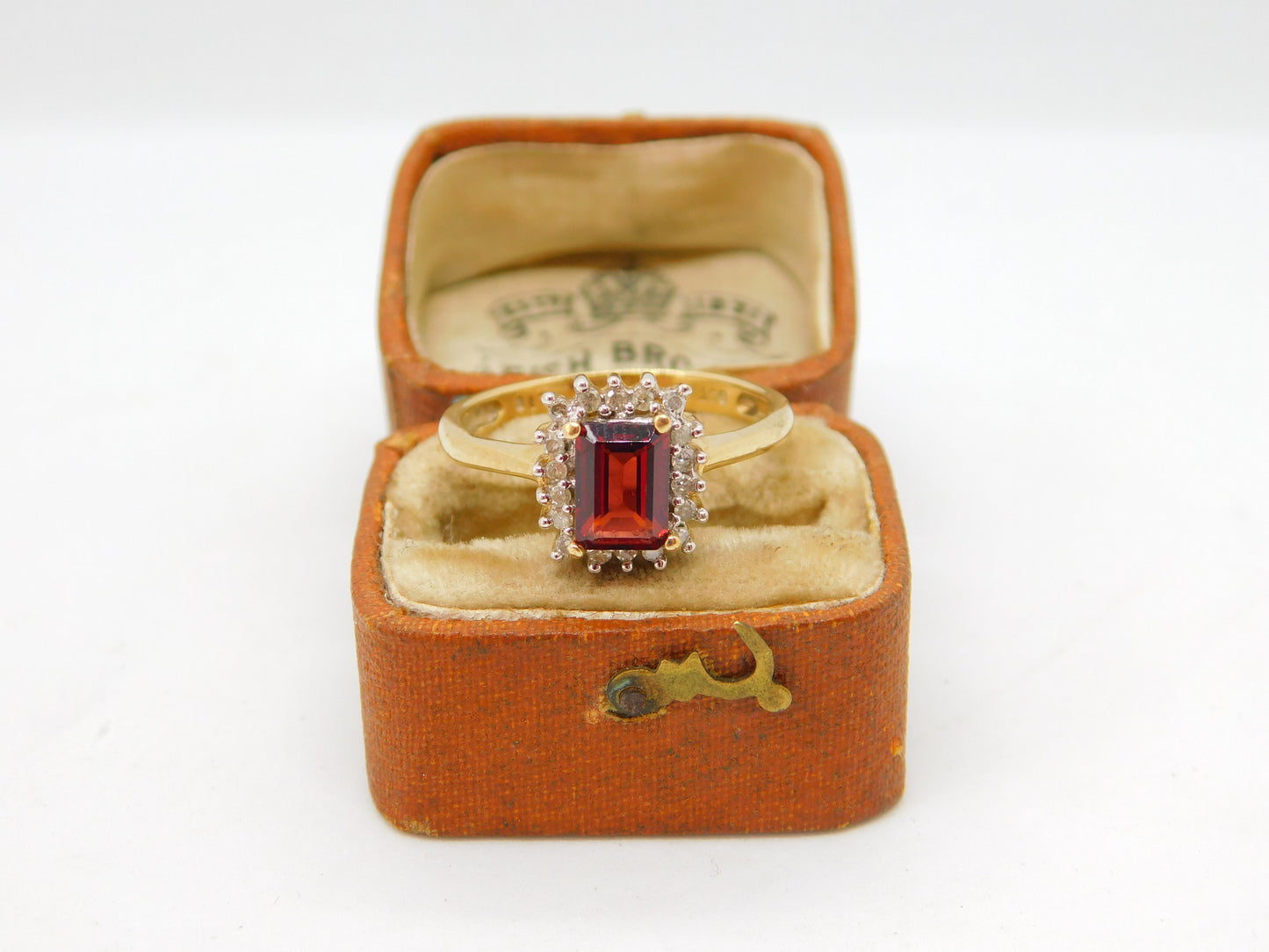 9ct Gold, Emerald Cut Garnet & Diamond Cocktail Ring Vintage c1970