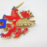 Sterling Silver Gilt, Blue-Red Enamel Winged Lion with Sword Brooch Vintage 1999