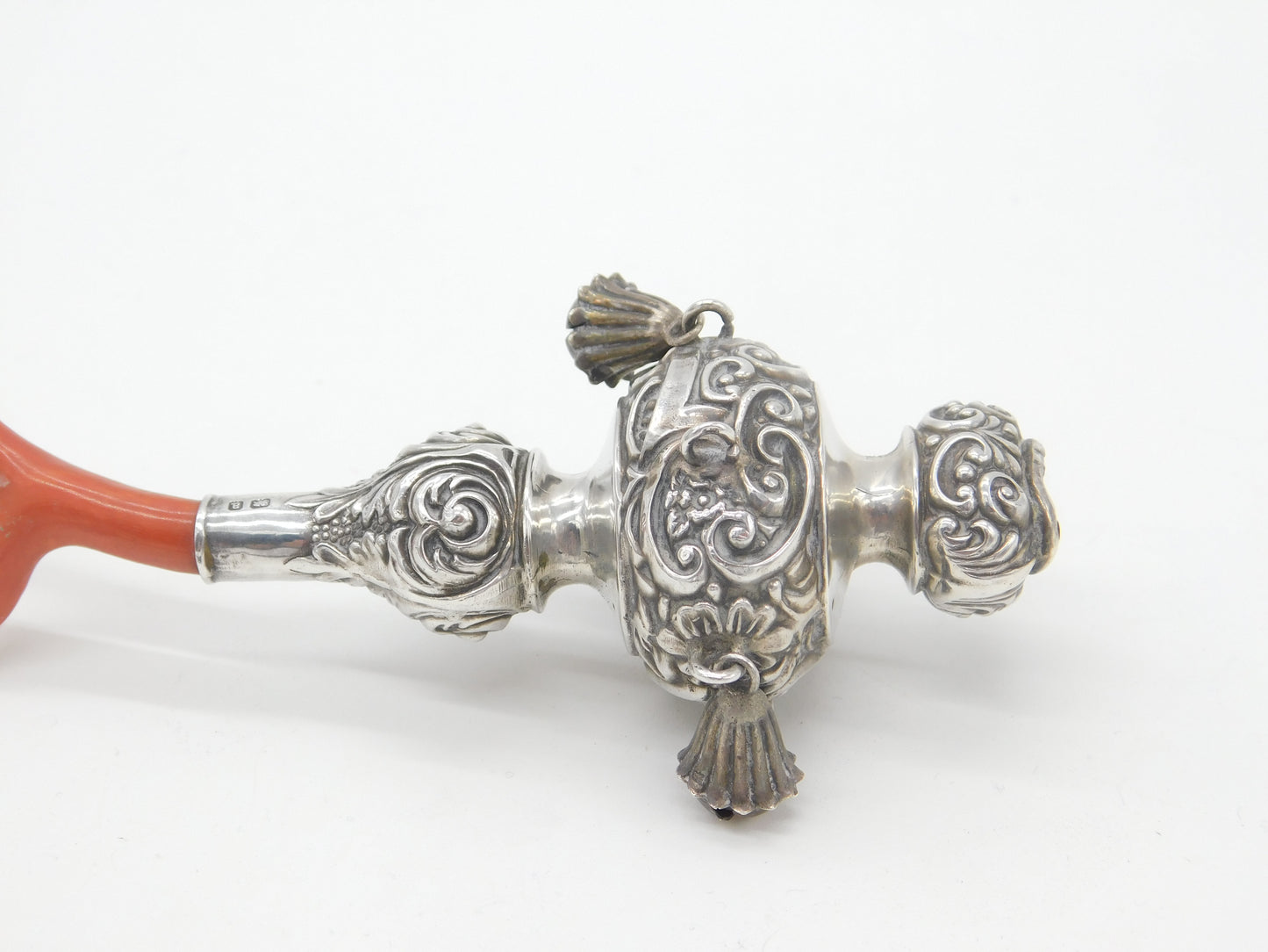 Victorian Sterling Silver & Natural Coral Baby Rattle & Teether Antique 1900