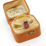 9ct Gold, Emerald Cut Garnet & Diamond Cocktail Ring Vintage c1970