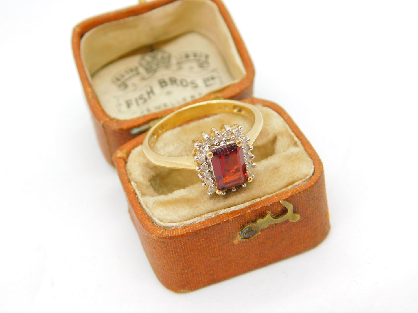 9ct Gold, Emerald Cut Garnet & Diamond Cocktail Ring Vintage c1970