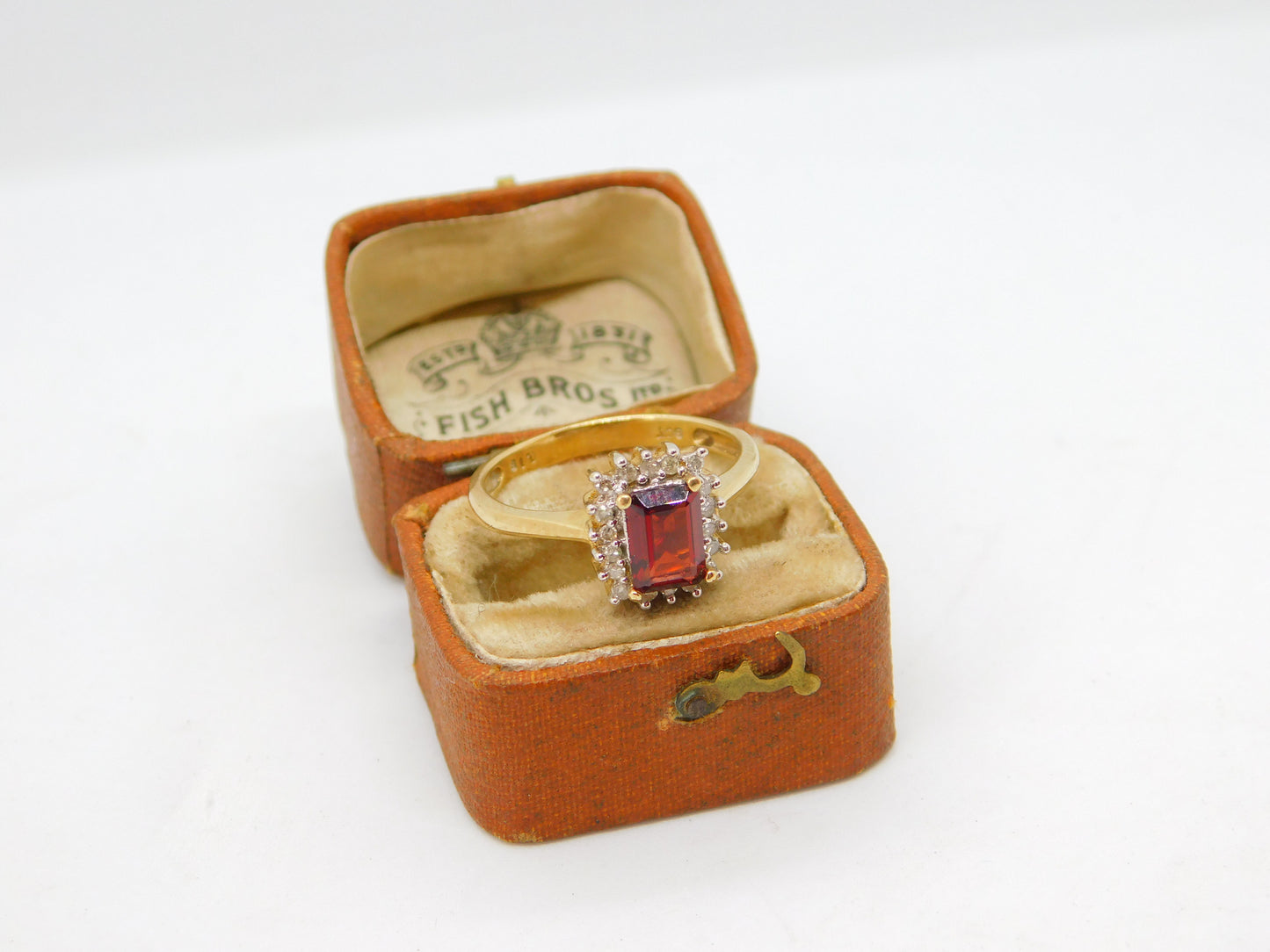 9ct Gold, Emerald Cut Garnet & Diamond Cocktail Ring Vintage c1970