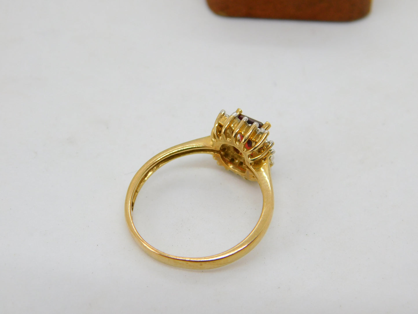 9ct Gold, Emerald Cut Garnet & Diamond Cocktail Ring Vintage c1970