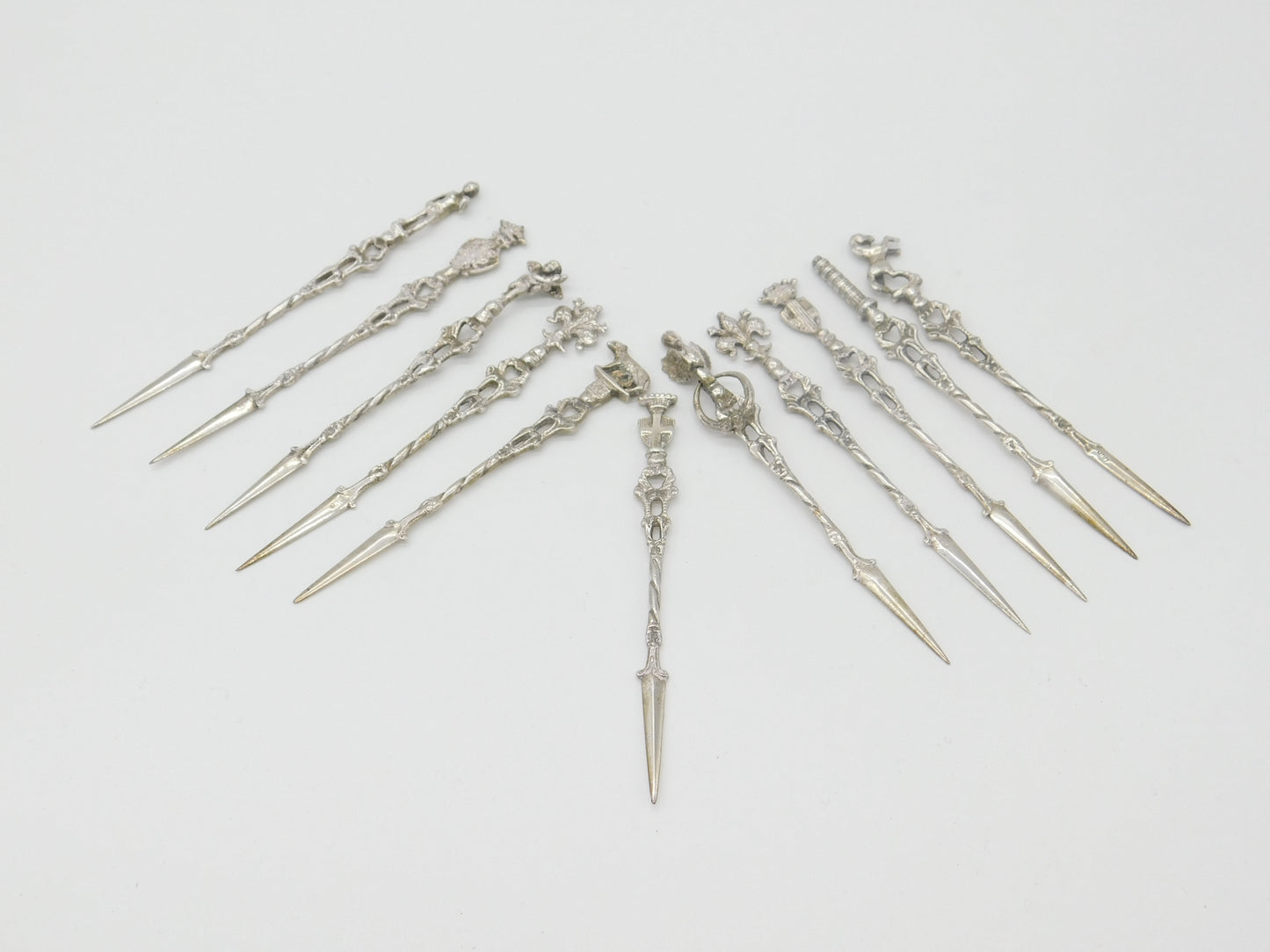 Set of Eleven .800 Silver Italian Souvenir Terminal Cocktail Sticks Vintage 1960