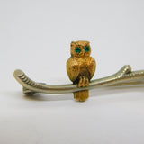 Edwardian 9ct Gold & Sterling Silver Perched Owl on Branch Brooch Antique c1910