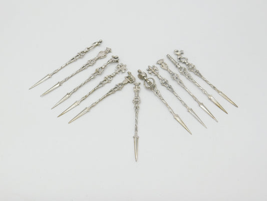 Set of Eleven .800 Silver Italian Souvenir Terminal Cocktail Sticks Vintage 1960