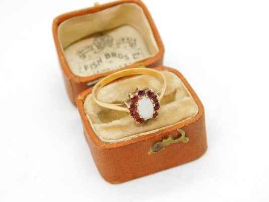 9ct Gold, Opal & Garnet Set Floral Cluster Ring Vintage 1985 Birmingham