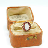 9ct Gold, Opal & Garnet Set Floral Cluster Ring Vintage 1985 Birmingham