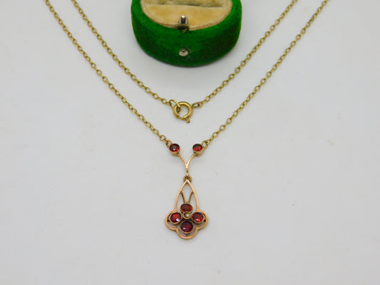 Edwardian 9ct Yellow Gold, Garnet & Pearl Set Floral Necklace Antique c1910