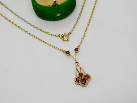 Edwardian 9ct Yellow Gold, Garnet & Pearl Set Floral Necklace Antique c1910