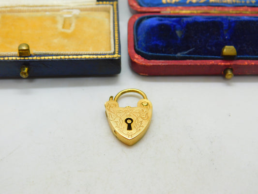 9ct Yellow Gold Floral Etched Heart Lock Padlock Charm Vintage 1970 London