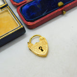 9ct Yellow Gold Floral Etched Heart Lock Padlock Charm Vintage 1970 London