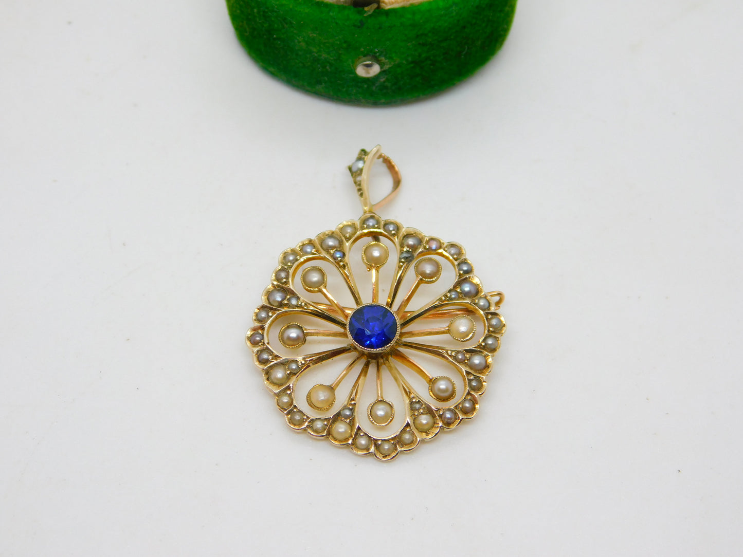 Edwardian 9ct Yellow Gold, Sapphire & Seed Pearl Floral Pendant Antique c1910