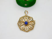 Edwardian 9ct Yellow Gold, Sapphire & Seed Pearl Floral Pendant Antique c1910