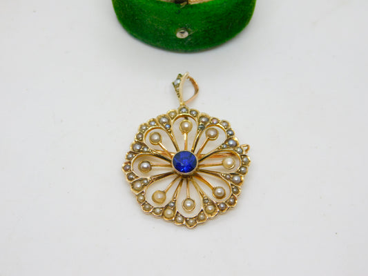 Edwardian 9ct Yellow Gold, Sapphire & Seed Pearl Floral Pendant Antique c1910