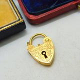 9ct Yellow Gold Floral Etched Heart Lock Padlock Charm Vintage 1970 London