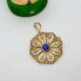 Edwardian 9ct Yellow Gold, Sapphire & Seed Pearl Floral Pendant Antique c1910