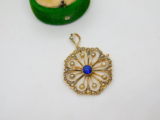 Edwardian 9ct Yellow Gold, Sapphire & Seed Pearl Floral Pendant Antique c1910