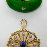 Edwardian 9ct Yellow Gold, Sapphire & Seed Pearl Floral Pendant Antique c1910