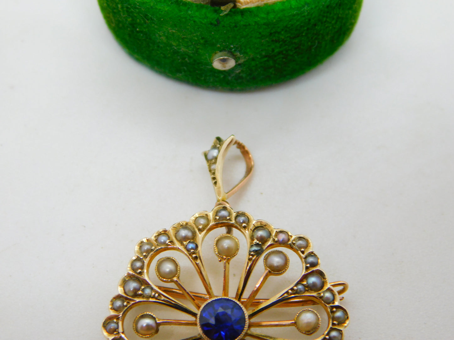 Edwardian 9ct Yellow Gold, Sapphire & Seed Pearl Floral Pendant Antique c1910