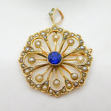 Edwardian 9ct Yellow Gold, Sapphire & Seed Pearl Floral Pendant Antique c1910