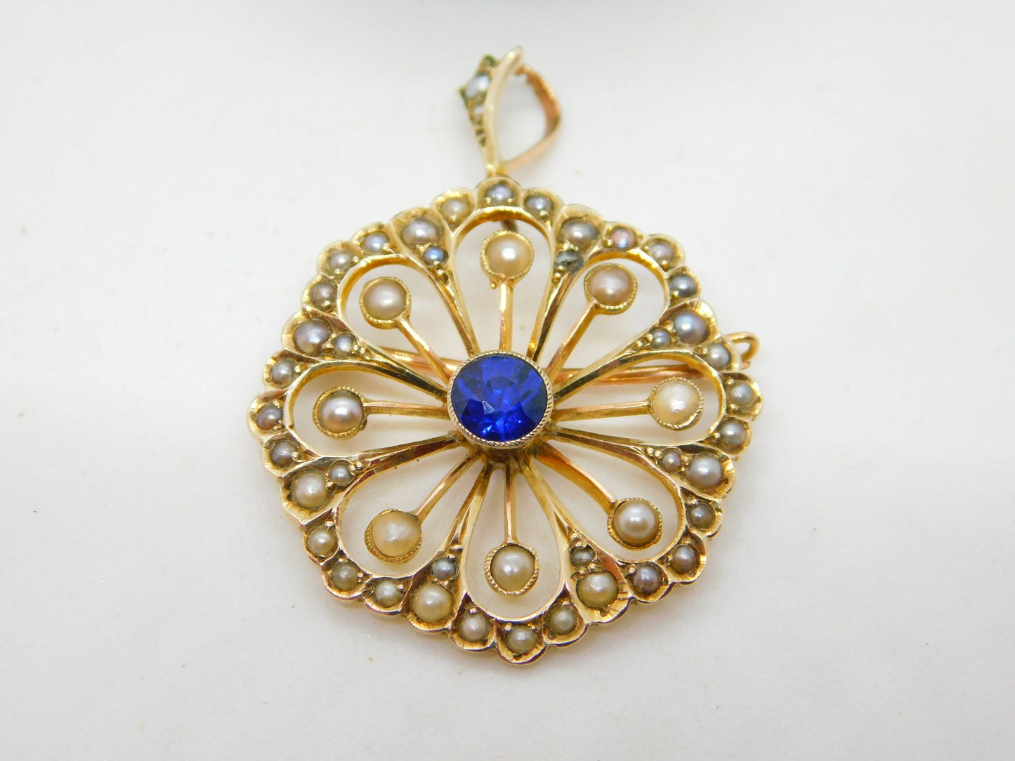 Edwardian 9ct Yellow Gold, Sapphire & Seed Pearl Floral Pendant Antique c1910