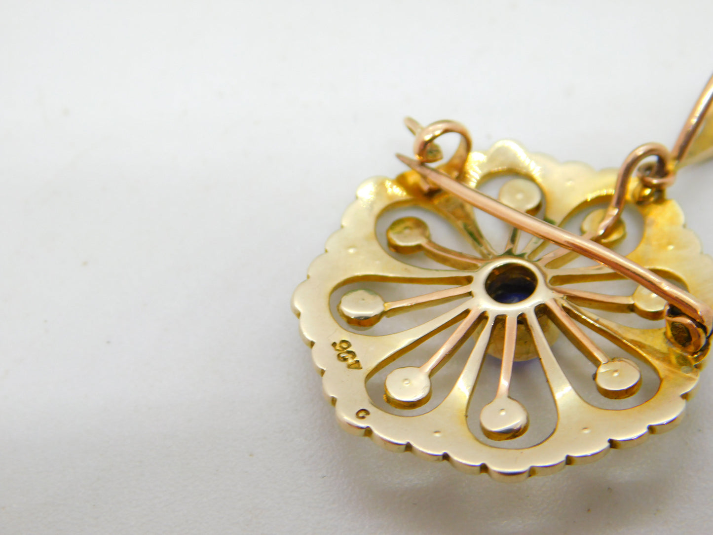 Edwardian 9ct Yellow Gold, Sapphire & Seed Pearl Floral Pendant Antique c1910