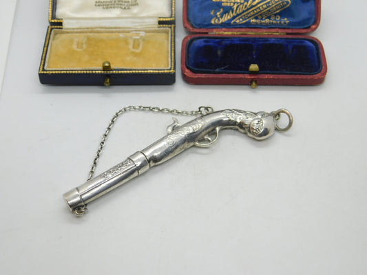 Victorian Sterling Silver Blunderbuss Gun Sewing Needle Case Antique c1850 French