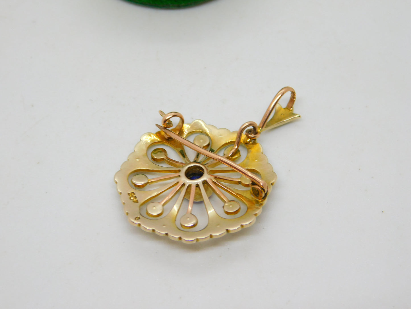 Edwardian 9ct Yellow Gold, Sapphire & Seed Pearl Floral Pendant Antique c1910
