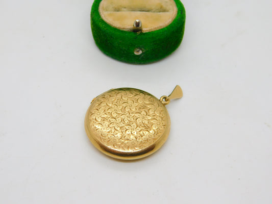 9ct Yellow Gold Floral Pattern Portrait Locket Pendant Vintage 1965 Birmingham