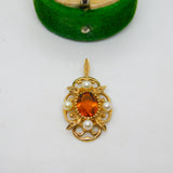 9ct Yellow Gold, Citrine & Pearl Set Floral Drop Pendant Vintage 1975 London