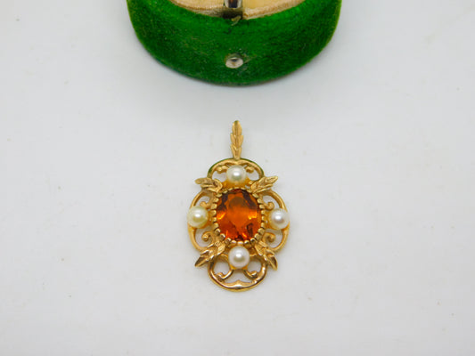 9ct Yellow Gold, Citrine & Pearl Set Floral Drop Pendant Vintage 1975 London