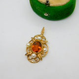 9ct Yellow Gold, Citrine & Pearl Set Floral Drop Pendant Vintage 1975 London