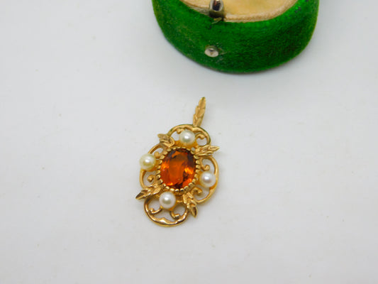 9ct Yellow Gold, Citrine & Pearl Set Floral Drop Pendant Vintage 1975 London