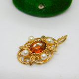 9ct Yellow Gold, Citrine & Pearl Set Floral Drop Pendant Vintage 1975 London
