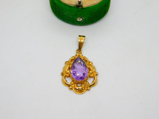 Edwardian 14ct Gold & Pear Cut Amethyst Drop Pendant Antique c1910