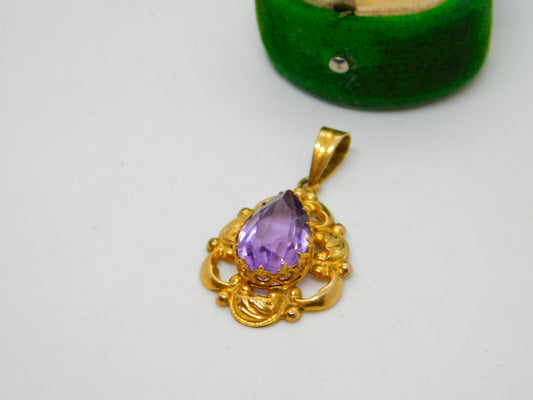 Edwardian 14ct Gold & Pear Cut Amethyst Drop Pendant Antique c1910