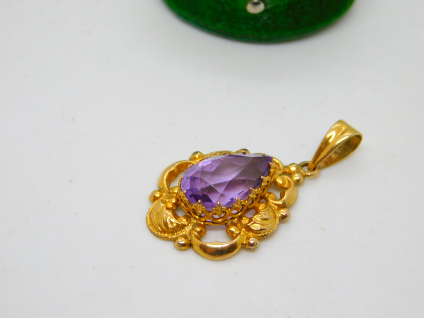 Edwardian 14ct Gold & Pear Cut Amethyst Drop Pendant Antique c1910