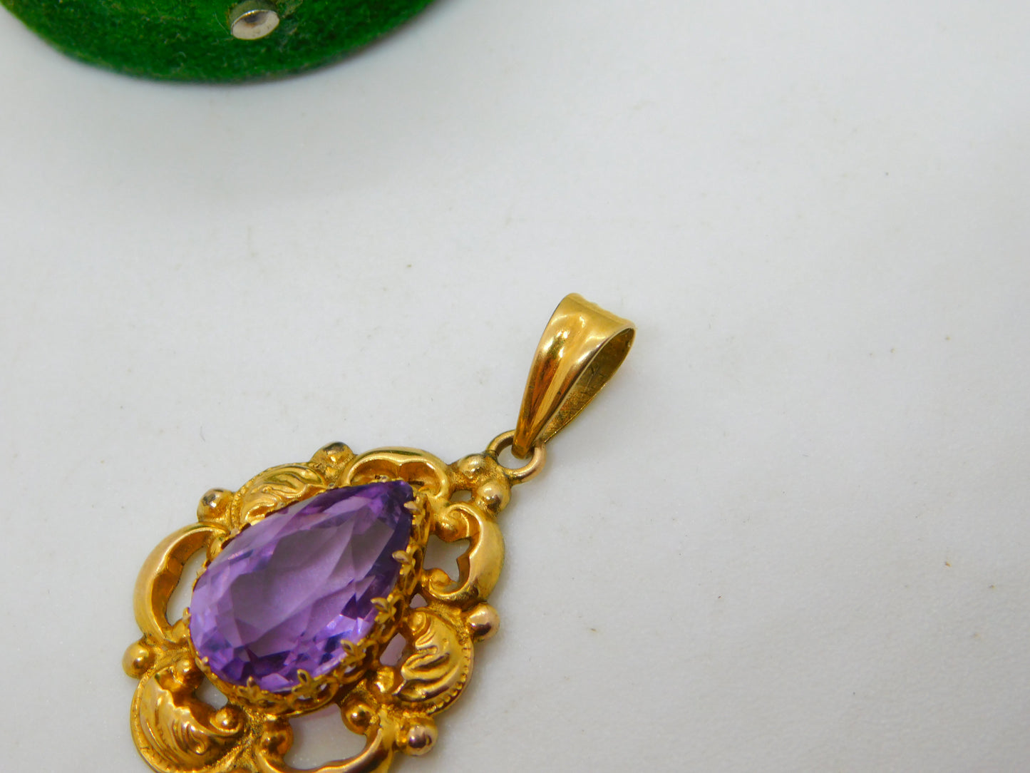 Edwardian 14ct Gold & Pear Cut Amethyst Drop Pendant Antique c1910