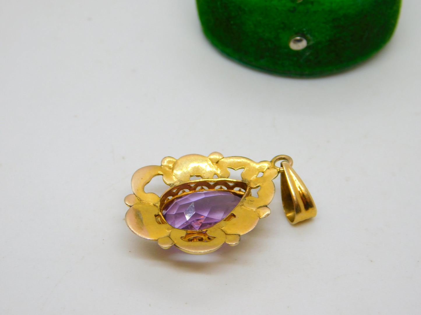 Edwardian 14ct Gold & Pear Cut Amethyst Drop Pendant Antique c1910