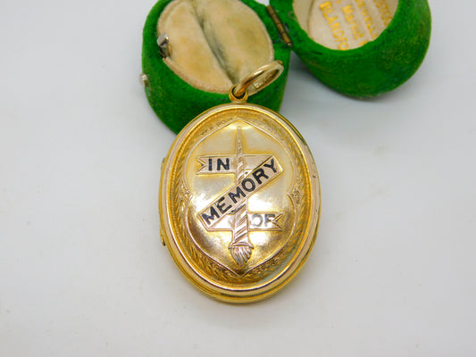 Victorian 9ct Gold Back & Front Enamel 'In Memory Of' Mourning Locket Antique c1860